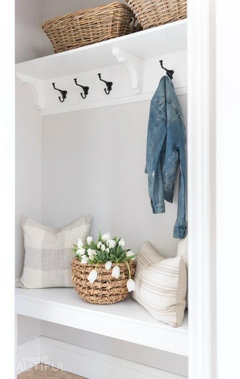 Mudroom Bench Decor, Porch Ideas Entrance Interior, Remove Closet, Small Coat Closet, Garage Entrance, Functional Mudroom, Room Bench, Farmhouse Side Table, Coat Closet