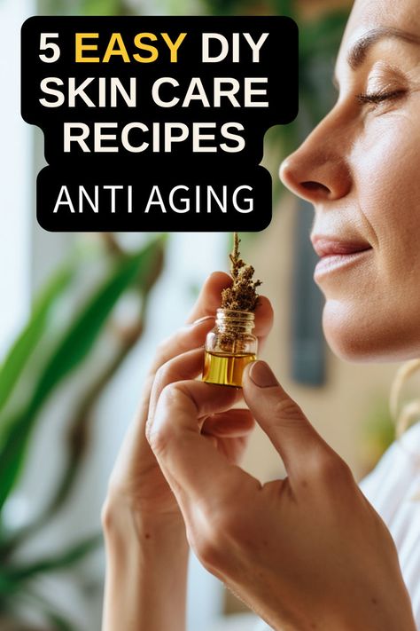 Woman smelling myrrh essential oil. Text reads: 5 easy DIY skin care recipes anti aging. Anti Wrinkle Diy, Diy Anti Aging Serum, Regular Skin Care Routine, Anti Aging Homemade, Anti Aging Face Serum, Diy Anti Aging, Diy Skin Care Recipes, Proper Skin Care, Best Skin Care Routine