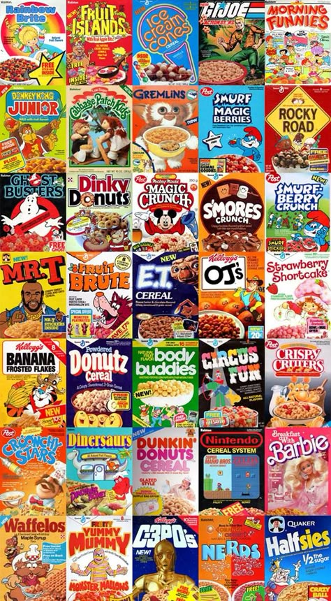 80's Cereal Boxes, 90s Cereal Boxes, 80s Food Packaging, Retro Food Ads, 80s Cereal, Abaya Packaging, 90s Breakfast, 80s Breakfast, 80s Snacks