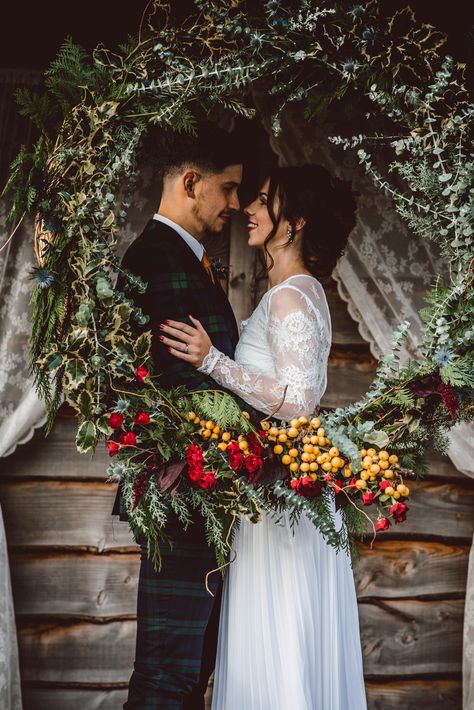 Christmas wedding wreath from a styled shoot at The Barn at Cott Farm Rustic Christmas Wedding, Christmas Wedding Ideas, Christmas Wedding Themes, Photobooth Backdrop, Marriage Reception, Moon Gate, Flower Arch, Wedding Wreath, Romantic Christmas