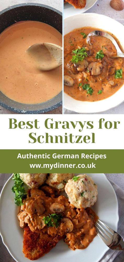 Different sauces for schnitzel. Schnitzel Gravy Recipe, Schnitzel Gravy, Sauces For Pork, Pork Snitzel, Gravy Mushroom, Sauces For Chicken, Pork Schnitzel Recipe, Best Sauces, German Food Authentic