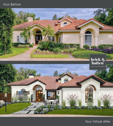 Transitional Style Home Exterior, Terracotta Roof House Exterior Colors, Modern Spanish House Exterior, Spanish Style Exterior Paint Colors, Spanish Ranch Style Homes, Terracotta Roof House, Outside House Paint Colors, Spanish House Exterior, Spanish Style Home Exterior