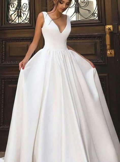 simple vneck sweep train wedding dress, cheap white satin wedding dress#weddingdresses #bridalgowns #simpleweddingdresses #cheapweddingdresses #cubejelly Bridesmaid Dresses Cinnamon, Black And Gold Bridesmaid Dresses, White Satin Wedding Dress, Wedding Dress Cheap, Knitted Headband Free Pattern, Sweep Train Wedding Dress, Train Wedding Dress, Dress Cheap, Gold Bridesmaid Dresses