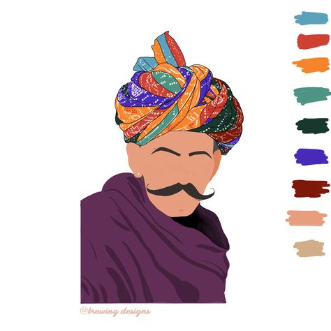 Rajasthani Illustration Art, Indian Illustrations, Architecture Sheets, Illustrations Procreate, Cook Illustration, Male Face Drawing, Face Outline, Rajasthani Art, Indian Illustration