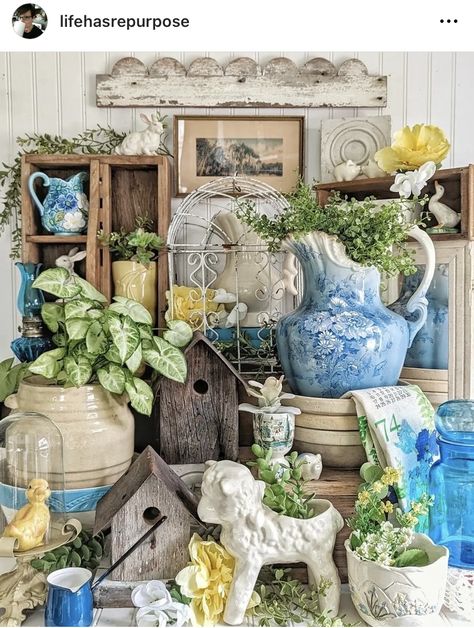 Spring Booth Ideas, Spring Vignettes Display Ideas, Kitty Bartholomew, Vignettes Styling Display Ideas, Spring Buffet, Easy Spring Decorations, Spring Vignettes, Easter Vignettes, Booth Display Ideas Diy