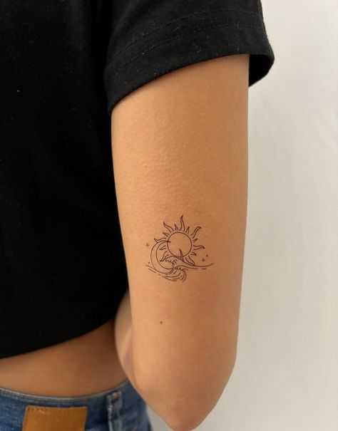 Unique Sun Moon Tattoo, Sun And Moon Tattoo Aesthetic, Tattos Ideas Minimalista, Delicate Sun Tattoo, Moon Tattoo Back Of Arm, Fine Line Sun And Moon Tattoo, Small Upper Arm Tattoos For Women, 224 Tattoo Ideas, Special Tattoo Ideas