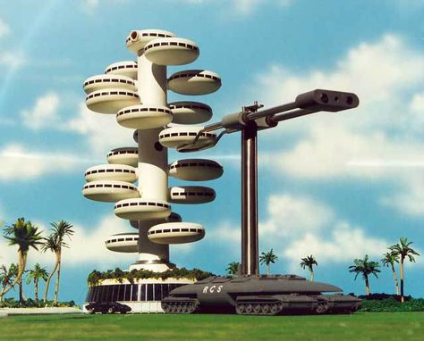 Absolutely Prefab: Prefab for an Atompunk world | A Steampunk Opera (The Dolls Of New Albion) Retro Futurism Architecture, Futurism Architecture, Neo Futurism, Googie Architecture, Underwater House, Future Architecture, Atomic Age, Futuristic City, Future City