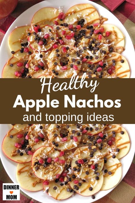 Healthy Apple Nachos are an easy, no-bake snack or dessert that's ready in minutes. Kids and adults will love this simple recipe with almond butter (or peanut butter,) chocolate, coconut, and granola. Whether you're planning a picnic, after-school snack, or a laid-back weekend brunch, these apple nachos are sure to steal the show. Get all the topping ideas for apple dessert nachos and tips for this healthy fall recipe at Dinner-Mom.com. Fall Apple Nachos, Fall Fruit Platter Ideas Easy, Healthy Brunch Potluck Ideas, Apple Nacho Bar Ideas, Back To School Brunch For Moms, Healthy Apple Snack Ideas, Fall Picnic Food Ideas For Two, Healthy Football Snacks Appetizers, Apple Nachos Bar