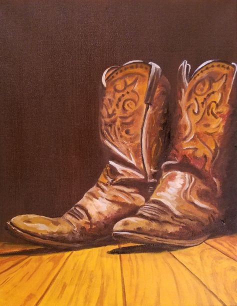 This painting is titled Dirt on my Boots. Cowboy Boots Oil Painting. Original oil painting on stretched canvas. Framed and ready to hang. Painting is 11 x 14 inches. Outside frame size is 16.5 x 19.5 inches. Cowboy Oil Painting, Cowboy Boot Painting, Boots Painting, Mood Art, Western Artwork, Western Wall, Boots Cowboy, Western Saddle, Drawing Inspo