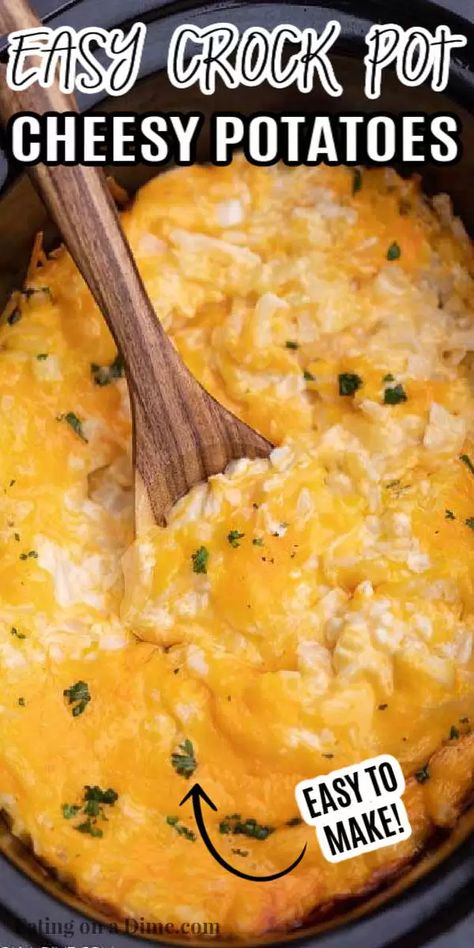 These crockpot cheesy potatoes are easy to make with only 6 ingredients. This crock pot cheesy potato recipe is a crowd pleaser and perfect for any party or get together. Make these Cheesy Hashbrown Potatoes crockpot recipe for your next holiday dinner. Everyone loves slow cooker cheesy potatoes. Slow Cooker Funeral Potatoes are simple and delicious too! #eatingonadime #sidedishrecipes #crockpotrecipes #slowcookerrecipes #cheesypotatoes Shredded Hashbrown Cheesy Potatoes, Shredded Hashbrown Recipes Crockpot, Crock Pot Holiday Appetizers, Picnic Crockpot Recipes, Crock Pot Picnic Food, Shredded Cheesy Potato Casserole, Picnic Potatoes Side Dishes, Diced Cheesy Potatoes, Cheesey Potatoes Crockpot Slow Cooker