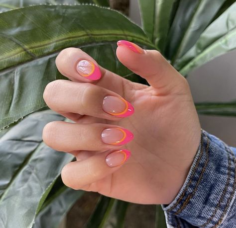 Orange And Pink French Tip Nails, Vacation French Tip Nails, 2 Tone French Tip Nails, Pink Orange And Yellow Nails, Nail Tips For Beginners, Bahama Nails, Two Color French Tip Nails, Uñas Color Coral, Summer Visionboard