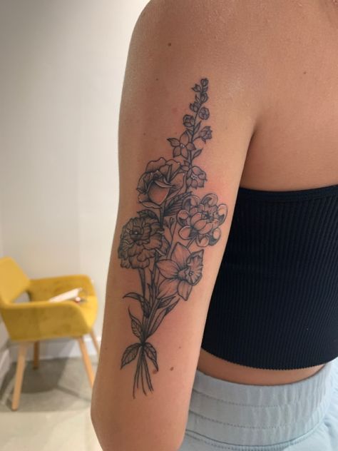 Wildflower Cluster Tattoo, Placement Of Flower Tattoo, Puzzle Piece Flower Tattoo, Flower Bouquet Tattoo Upper Arm, Large Bouquet Tattoo, Birth Flower Tattoos Shoulder, Mixed Flower Bouquet Tattoo, Large Flower Bouquet Tattoo, Flower Bouquet Shoulder Tattoo