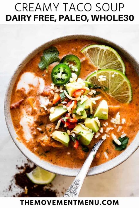 Dairy Free Tacos, Creamy Taco Soup, Whole30 Soup Recipes, Pumpkin Soup Easy, Dairy Free Keto, Vegan Pumpkin Soup, Whole 30 Meal Plan, Taco Soup Recipe, Taco Soup