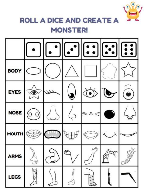 Roll A Dice Drawing Games Art, Roll A Monster Dice Game, Dice Drawing Art, Dice Drawing, Roll And Draw, Create A Monster, Roll A Dice, Drawing Games For Kids, Imagination Drawing