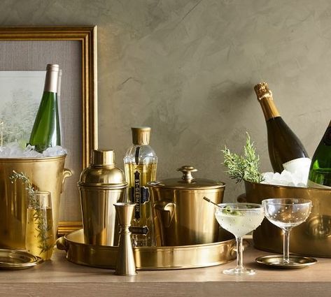 Cocktail Party Essentials | Pottery Barn Bar Decor Ideas, Bar Tray, Antique Bar, Bar Tool Set, Round Serving Tray, Bar Spoon, Champagne Buckets, Brass Wood, Stainless Steel Bar