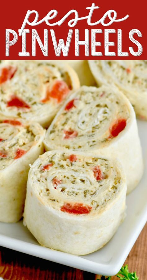 A closeup photo of the Pesto Cream Cheese Pinwheels on a white plate Pesto Pinwheels, Pesto Cream Cheese, Horderves Appetizers, Cream Cheese Pinwheels, Pinwheel Sandwiches, Cheese Pinwheels, Pinwheel Appetizers, Pinwheel Recipes, Perfect Appetizers