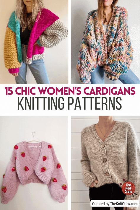 15 Chic Women's Cardigans Knitting Patterns - The Knit Crew Light Weight Yarn Knitting Patterns, Free Knitting Patterns For Women Sweater, Cardigan Knitting Patterns Free, Knit Cardigan Pattern Free, Kimono Pattern Free, Chunky Knit Sweater Pattern, Knitting Patterns For Beginners, Fall Knitting Patterns, Ladies Cardigan Knitting Patterns