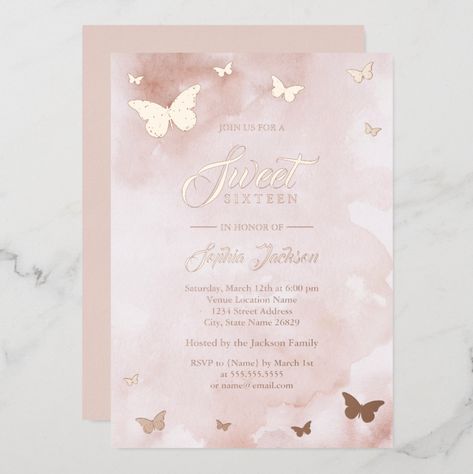 Pink Butterfly Sweet 16, Butterfly Quinceanera Theme, Quinceñera Invitations, Butterfly Sweet 16, Rose Gold Quinceanera, Sweet 16 Party Invitations, Quinceanera Pink, Pink Sweet 16, Sweet 16 Themes