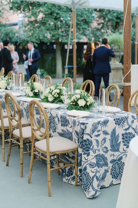 blue and white printed table linen | blue and white wedding reception | luxury wedding | linen rental | elegant wedding | outdoor reception | Stradley Davidson Linen: Hemingway Peacock Wedding Printed Tablecloth, Wedding Reception Table Cloth Ideas, Pattern Linen Wedding, Patterned Table Cloth Wedding, Pattern Table Cloth Wedding, Blue And White Tablescapes Wedding, Patterned Tablecloth Wedding, Blue Table Linens Wedding, Blue Tablecloth Wedding