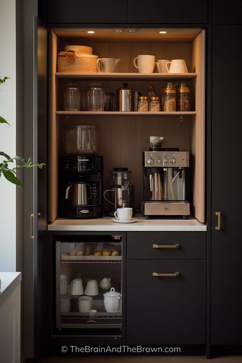 FREE Design List! I personally walk you through 12+ coffee bar ideas, pros & cons, and then how to create and organize your perfect kitchen coffee station! Coffee Station Built In Cabinet, Coffee Bar And Breakfast Nook, Mudroom Coffee Bar, Coffee Zone Kitchens, Coffee Machine Station Kitchens, Coffee Bar Design Home Kitchen, Home Beverage Station, Coffee Section On Counter, Coffee Bar In Home