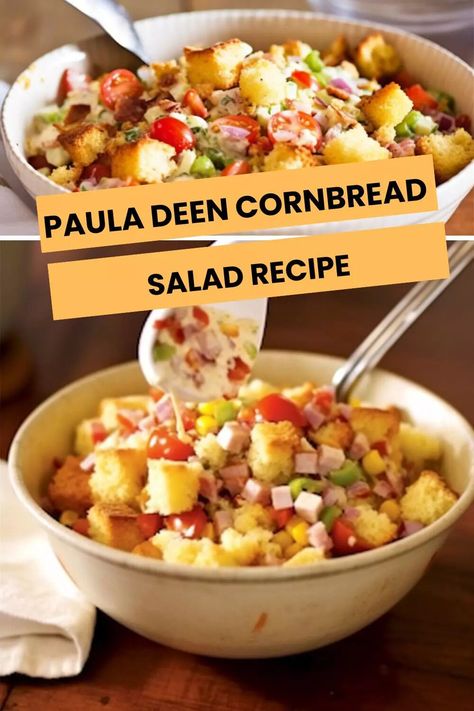 Paula Deen Cornbread Salad Recipe – Hungarian Chef Paula Deen Cornbread, Cornbread Salad Recipe, Best Comfort Food Recipes, Savory Cornbread, Southern Side Dishes, Chefs Recipes, Delicious Cornbread, Cornbread Salad, Paula Dean