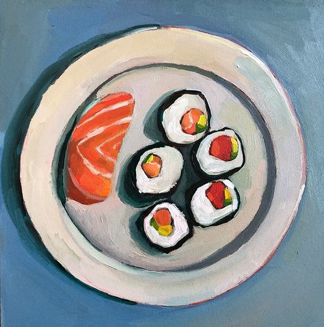 Plate Of Food Painting, Food Painting Canvas, Food Gouache Painting, Sushi Art Drawing, Food Acrylic Painting, Food Painting Acrylic, Lunch Drawing, Sushi Painting, Plate Drawing