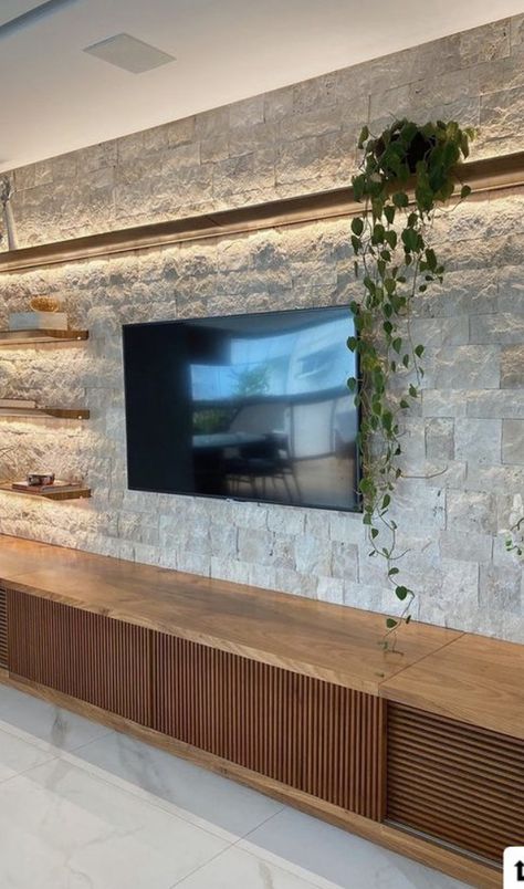 Tv Wall Decor Stone, Stone Wall With Tv, Stone Media Wall, Stone Wall Tv, Stone Tv Unit, Tv Wall Stone, Living Room Stone Wall, Stone Tv Wall, Stone Walls Interior