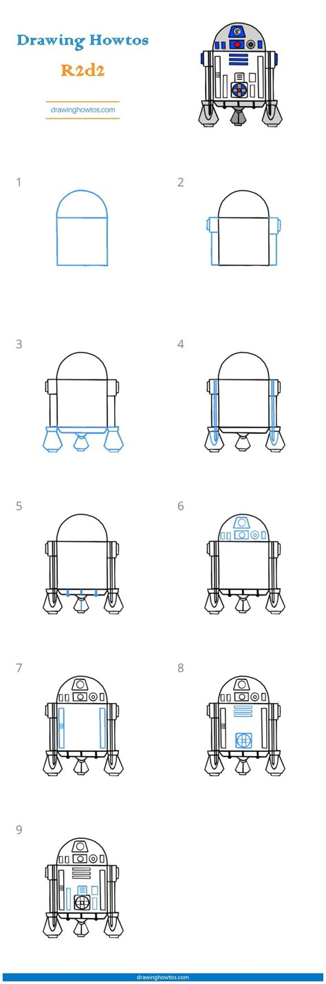 Step By Step Drawing Star Wars, How To Draw R2d2, R2d2 Drawing Easy, Star Wars Drawings Easy Step By Step, How To Draw Star Wars, R2d2 Drawing, Bujo Themes, Easy Drawing Guides, Drawing Things