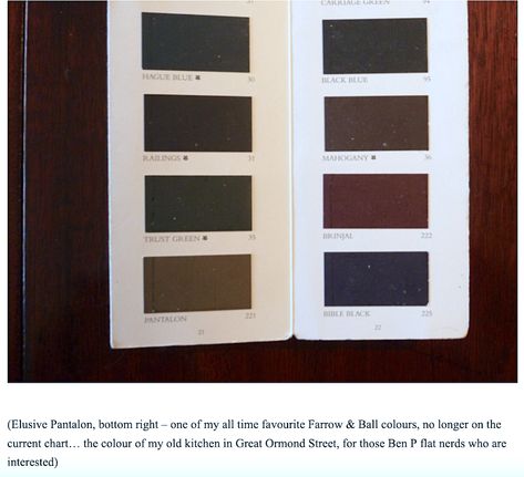 Ben Pentreath - Farrow & Ball color card - Pantalon Farrow And Ball Pantalon, Pantalon Farrow And Ball, Colors To Brighten A Room, Benjamin Moore Super White, Interior Design Bloggers, Dark Green Bathrooms, Kendall Charcoal, Ben Pentreath, Hague Blue