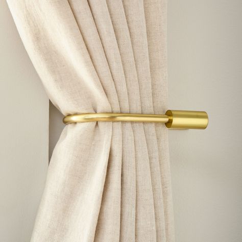 Oversized Curtain Rod Tiebacks | West Elm Double Shower Curtain Rod, West Elm Curtains, Brass Curtain Rod, Gold Curtain Rods, Double Shower Curtain, West Elm Pillows, Blue Pillow Cases, Black Living Room Decor, Cordless Roman Shades