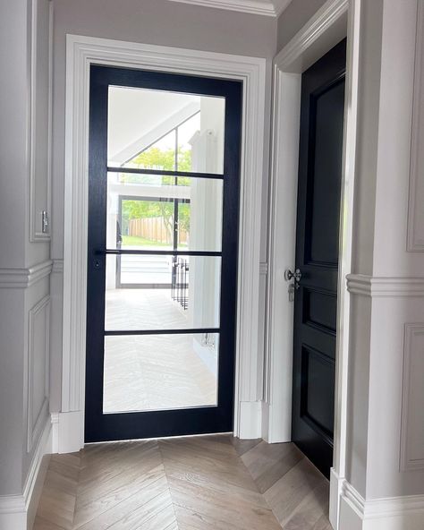 Internal Kitchen Door, Black Glass Internal Door, Crital Interior Doors, Internal Glass Doors Hallways, Glass Door Hallway, Crittal Internal Door, Internal Crittal Doors, Internal Doors Ideas, Crittal Door