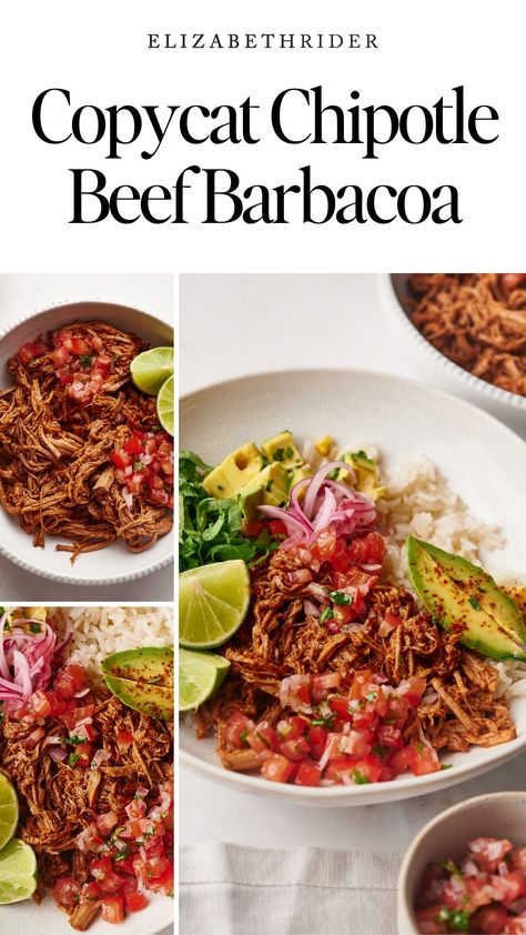 Make this flavorful and tender Chipotle Barbacoa at home! Perfect for tacos, burrito bowls, or meal prep, this slow-cooked shredded beef is infused with smoky chipotle, garlic, and lime. It's a must-try recipe for Mexican food lovers looking to elevate their meals. Save this pin for your next dinner inspiration! Chipotle Adobo Chicken, Copycat Chipotle Barbacoa, Chipotle Barbacoa Recipe, Diy Chipotle, Chipotle Barbacoa, Chipotle Copycat Recipes, Chipotle Copycat, Chipotle Recipes, Copycat Chipotle