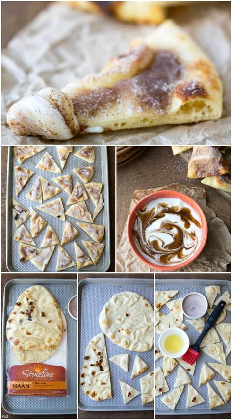 Cinnamon Roll Dip with Cinnamon Sugar Naan Chips is an easy dessert recipe that's ready in just 10 minutes! Dessert Naan Bread, Naan Bread Dessert Recipes, Naan Chips, Dessert Nachos Recipe, Cinnamon Roll Filling, Cinnamon Sugar Bread, 3 Ingredient Desserts, Recipes With Naan Bread, Fun Dessert