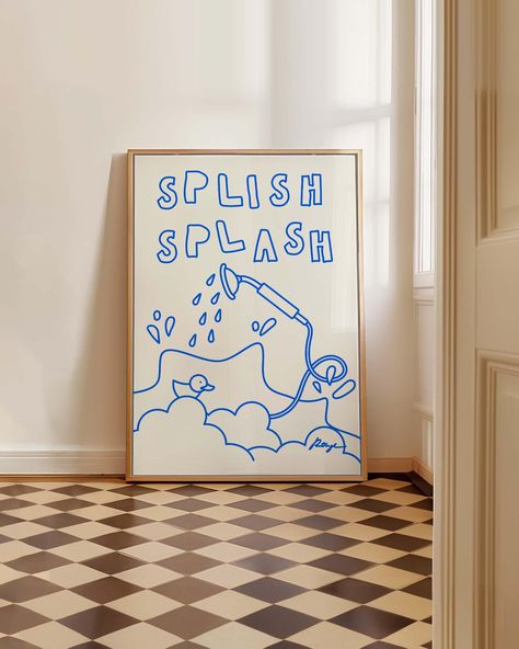 Bring a splash of fun to your bathroom with the Splish Splash print. This cute bathroom poster, with its hand drawn sketch and trendy blue print, adds a playful touch to your space. Perfect as a funny print for the WC, it doubles as minimalist wall art, making your bathroom both stylish and cheerful. Ideal for adding a little charm to your daily routine! ALL POSTERS ARE: * Designed and printed by a local artist * Printed on matte gallery-quality paper (180g) * Made to order * Sold UNFRAMED FAST Posters For The Bathroom, Easy Paintings For Bathroom, Animal Bathroom Art, Above Toilet Art, Funny Bathroom Prints, Bathroom Graphic Design, Bathroom Decor Paintings & Prints, Bathroom Illustration Drawing, Bathroom Posters Printable