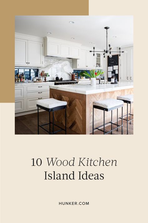 As one of the most common materials for kitchen islands, wood is a versatile choice that works well in both traditional and contemporary spaces. Check out these chic rooms that use a wood kitchen island in super chic ways. #hunkerhome #kitchen #kitchenisland #islandideas #kitchenisland Wood Grain Kitchen Island, Dark Oak Kitchen Island, Wood Kitchen Island Ideas, Wood Island Kitchen, Wood Kitchen Islands, Wooden Kitchen Island, Kitchen Island With Drawers, Kitchen Island Cabinets, Wood Island