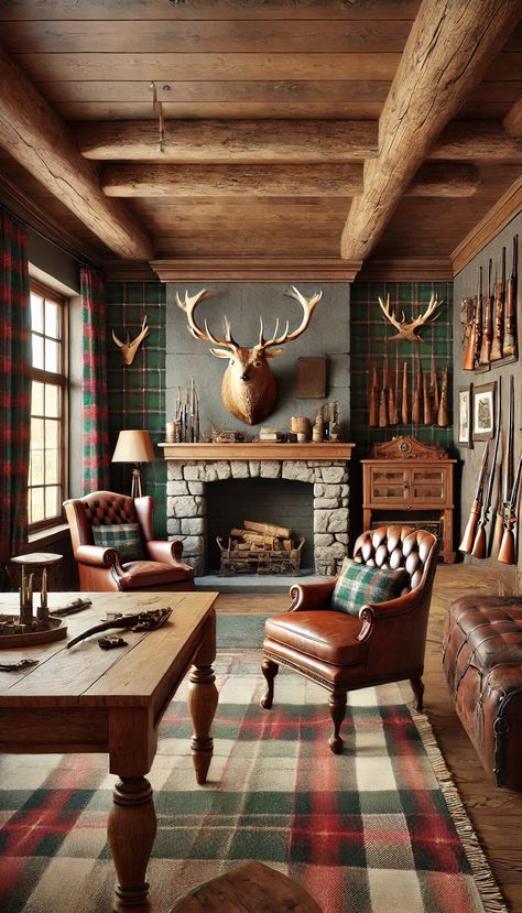 21 Jaw-Dropping Man Cave Decor Ideas You Must See to Believe! 🕶️🎱 Man Cave Study, Man Cave Decor Ideas, Hunting Lodge Interiors, Whisky Room, Mounted Deer Head, Hunting House, Man Cave Rustic, Modern Man Cave, Hunting Cabin Decor