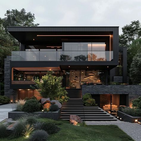 Modern Glass House Architecture, Stone Glass House, Two Story Glass House, Dark House Modern, Grey Modern House, Modern 3 Story House, Dark Modern House Exterior, Dark Modern Interior, Glass Homes