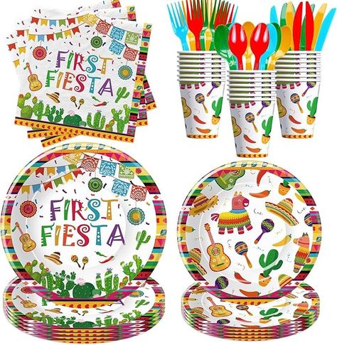 Amazon.com: APOWBLS Fiesta 1st Birthday Party Supplies - First Fiesta Birthday Decorations Tableware, Plate, Cup, Napkin, Cutlery, Cactus Mexican Cinco De Mayo Taco One Year Old Birthday Decorations | Serve 24 : Home & Kitchen 1st Birthday Taco Theme, Taco Bout One Birthday Party, Taco First Birthday Party, First Fiesta Birthday Boy, One Year Old Birthday Decorations, Fiesta Birthday Decorations, Fiesta 1st Birthday, First Fiesta Birthday, First Fiesta