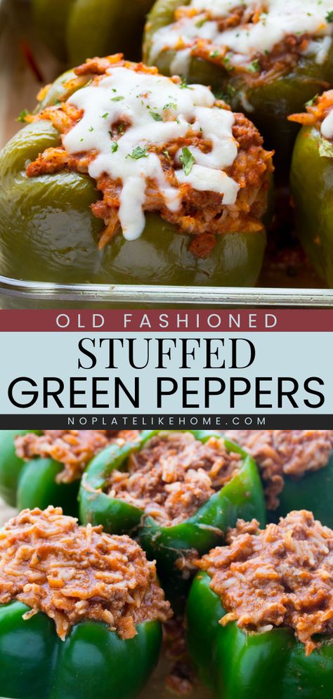 Out of Sunday dinner ideas? Make these Old-fashioned Stuffed Green Peppers for an easy dinner recipe for the family! Stuffed with a cheesy, ground beef, rice, and tomato sauce mixture. Pin this easy comfort food recipe! Recipe For Stuffed Green Peppers, Stuffed Green Bell Peppers Ground Beef, Stuff Green Peppers Recipes Simple, Easy Stuffed Green Peppers With Ground Beef, Stuffed Peppers Tomato Soup, Stuffed Peppers With Hamburger And Rice, Betty Crocker Stuffed Green Peppers, Stuffed Green Peppers With Ground Beef And Rice, Stuffed Bell Peppers To Freeze