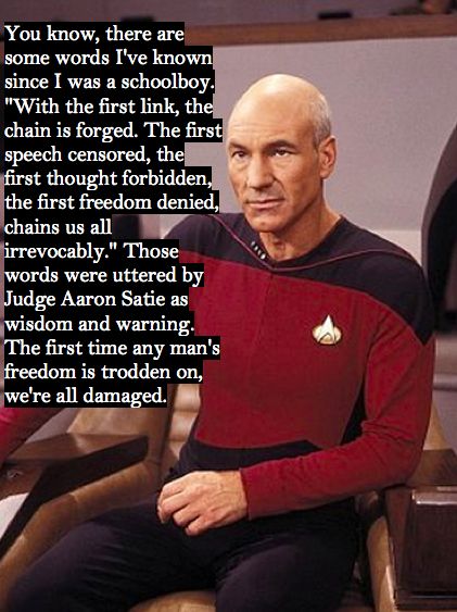 "The first time any man's freedom is trodden on, we are all damaged." -- Jean-Luc Picard [421 x 563] - Imgur Trek Quotes, Trekking Quotes, Star Trek Tattoo, Picard Star Trek, Star Trek Quotes, Star Trek Generations, Captain Picard, Jean Luc Picard, Star Trek Funny