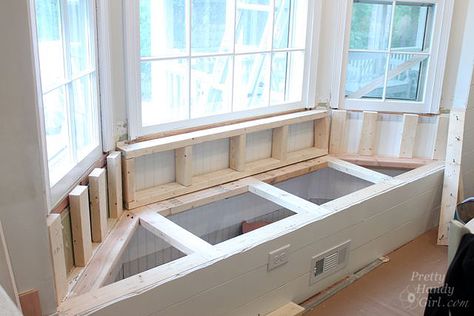 framing_out_back window bench tutorial pretty handy girl Sitting Window Bench Seat, Landscaping Bay Window, Bay Window Seat With Storage, Townhome Renovation, Mud Closet, Bay Window Storage, Diy Bay Window, Bay Window Seating Kitchen, Window Storage Bench