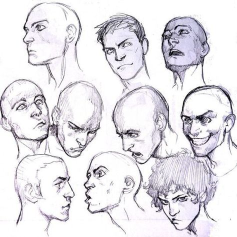 Character Design Heads, Multiple Character Poses, Bald Character Design, Face Expression Reference, Expression Poses, Expression Tutorial, Head Poses, Expression Drawing, Sketch Face