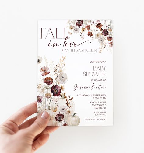 EDITABLE Fall in Love Baby Shower Invitation  Florals and Pumpkins Baby Shower Invitation Printed Invite or Digital Download Template Capture the essence of sweet anticipation with our invitation featuring a beautiful flower and pumpkin baby shower invite. Set the mood for a beautiful fall shower. See my entire shop! https://www.etsy.com/shop/toyoufrommeinvites See more Baby Shower Invitations! https://www.etsy.com/shop/toyoufrommeinvites?section_id=33167781 Edit your items at Corjl.com right after purchasing. - No waiting! You'll have access to your item right after purchasing. - No need to download any software. Personalize this item right in your browser. - Personalize using your computer, or make basic edits using your phone or mobile device. -Easy to use platform. Approve your proof i Pumpkin Invitation, Bloom Flowers, Baby In Bloom, Baby Shower Flowers, Pumpkin Baby, Baby Shower Pumpkin, Flower Invitation, Burgundy Flowers, Baby Shower Fall