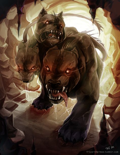 >> ...while * Cerberus' ears lift slightly at the sound of someone giving name to his master in M-O-R-E than just a normal tone of voice... Mythical Monsters, Werewolf Art, Greek And Roman Mythology, Greek Mythology Art, Canine Art, Mythical Beast, Roman Mythology, Legendary Creature, Mythology Art