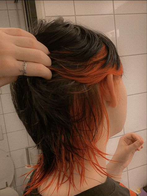 Mullet Hairstyle Women Dyed, Mullet With Dyed Ends, Mullet Hairstyle Color, Orange Hair Black Highlights, Mullet Bleached Underneath, Orange Tipped Hair, Mullet Dyed Underneath, Orange And Black Hair Color, Bleached Tips Short Hair