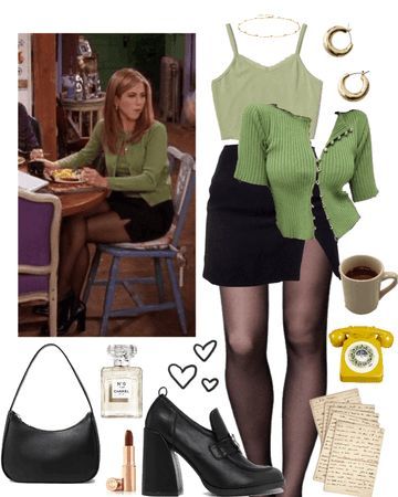 #friends #rachelgreen #rachelfromfriends #friendstvshow #90s #grunge #cute #preppy #cozy #fall #coffee #pretty #feminine #anaiese. Discover outfit ideas for everyday made with the shoplook outfit maker. How to wear ideas for coffee and clipped by eirafae . Rachel Green Spring Outfit, Friends Dress Outfit, Rachel Green Christmas Outfit, 90s Friends Outfit, Rachel Green Green Outfit, Rachel Green Style Aesthetic, 90s Green Outfit, Rachel Green Accessories, 90s Fashion Friends Rachel Green