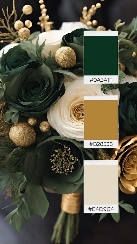 Emerald And Gold Color Scheme, Dark Green And Pale Yellow Wedding, Forest Green Cream Gold Wedding, Emerald And Gold Wedding Colors, Woodland Wedding Color Scheme, Fall Wedding Color Schemes Green, Wedding Colors Gold And Green, Forest Green And Gold Color Palettes, Emerald Wedding Pallet