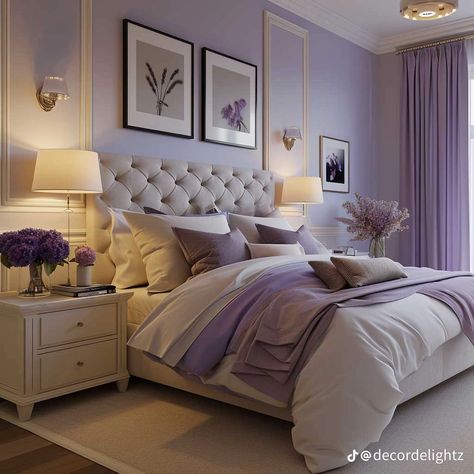 Lilac Colour Combinations, Purple And Gold Bedroom, 70 Bedroom, House Fever, Sitting Room Interior Design, Purple Ideas, Lavender Interior, Beige Bedroom Decor, Lavender Room