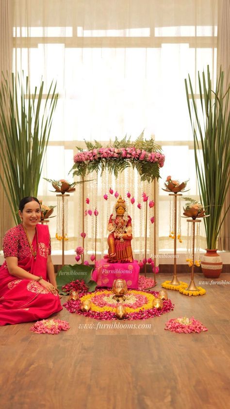 Swati Bora | ✨VARALAKSHMI MANDAPAM ✨ ✨For links send this reels over to my DM or comment down Below ✨ Products are from: @furniblooms Website:… | Instagram Mandap Decor For Ganpati, Lakshmi Poojan Diwali Decoration Design, Lakshmi Poojan Diwali Decoration, Indian Festive Decor, Satya Narayana Pooja Decoration, Lakshmi Decoration At Home, Laxmi Pooja Decoration At Home, Laxmi Puja Decoration At Home, Gauri Ganpati Decoration Ideas