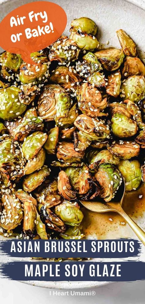 Asian brussel sprouts are roasted or air fried to crispy perfection! Toss with maple soy sauce glaze, a healthy side dish is vegan-friendly! #brusselessprouts #vegetables #asianbrusselsprouts #roastedvegetables #airfriedvegetables #sidedish #holidayrecipes #veganrecipes Paleo Christmas Recipes, Asian Brussel Sprouts, Soy Sauce Glaze, Umami Recipes, Paleo Thanksgiving Recipes, Soy Glaze, Fried Brussel Sprouts, Keto Healthy, Delicious Paleo Recipes